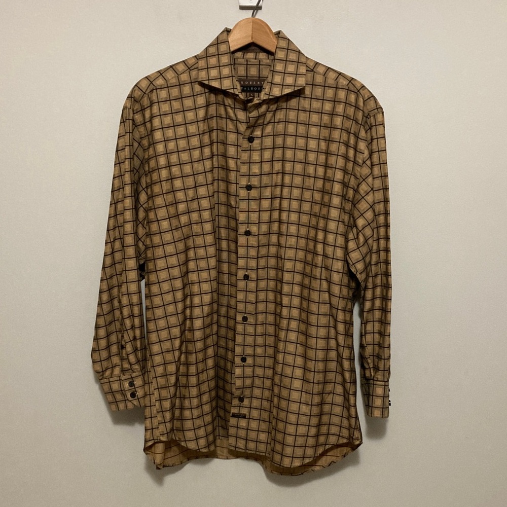 Robert Talbott Tan and Black Plaid Botton Down Ling Sleeve Shirt, Size Large